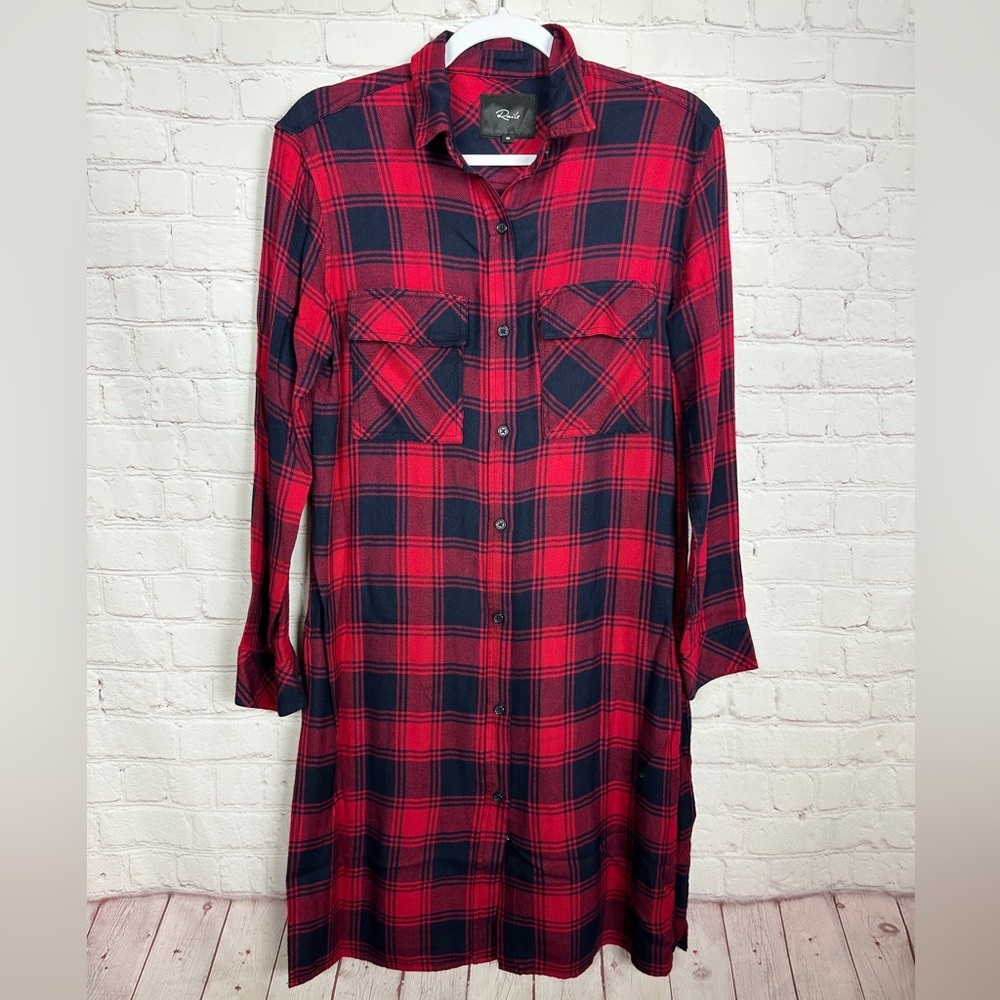Rails Dawson Plaid Shirt Dress Button Down Side Slit Red Rayon Sz XS EUC Holiday